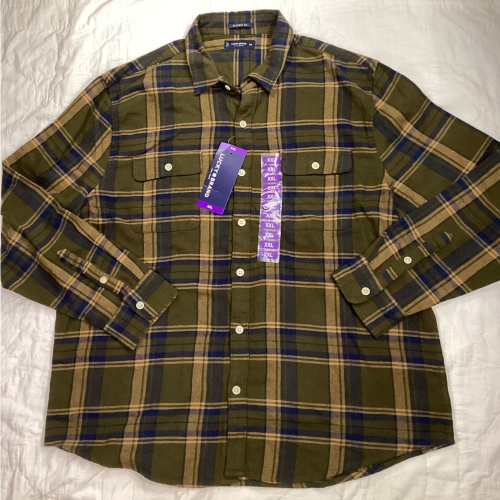 NWT Men’s Lucky Brand Classic‎ Fit Olive Multi Plaid Flannel Shirt XXL